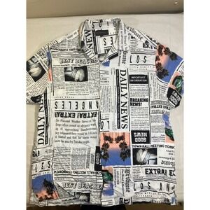 No Boundaries Mens 2XL Newspaper Print Button Up Shirt Short Sleeve Rayon White
